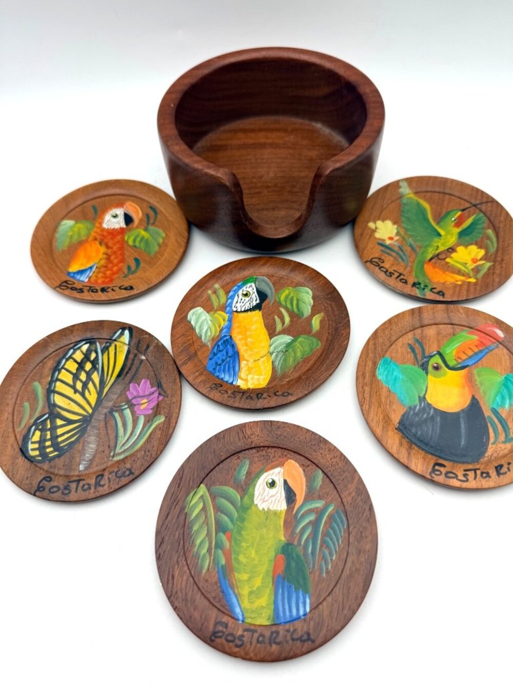 Wooden Wildlife Coaster Set W/ Holder Costa Rica Art Decor Hand-Painted Set of 6